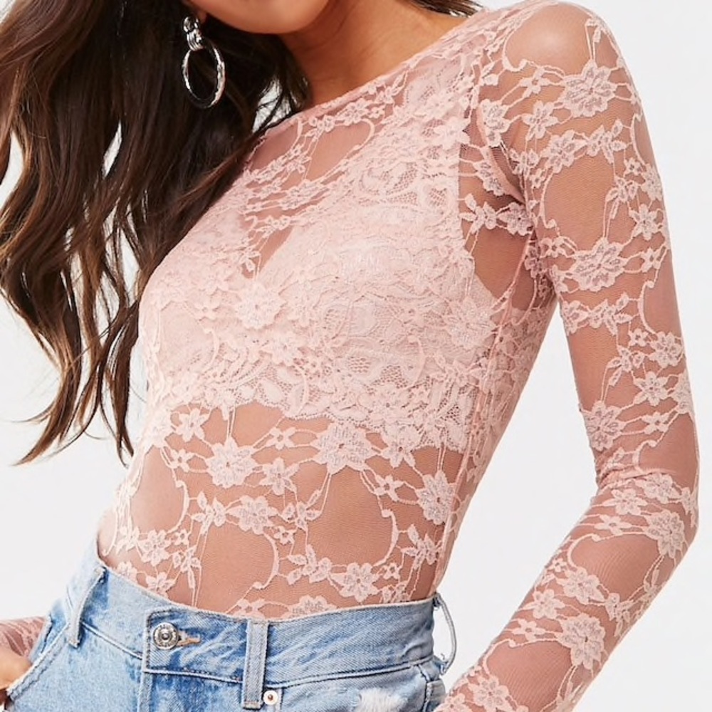 Cute pink sheer lace bodysuit